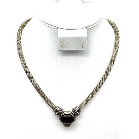 ESPO SIG 925 Silver Mesh Chain Necklace Snap Onyx Amber Pendant Signed